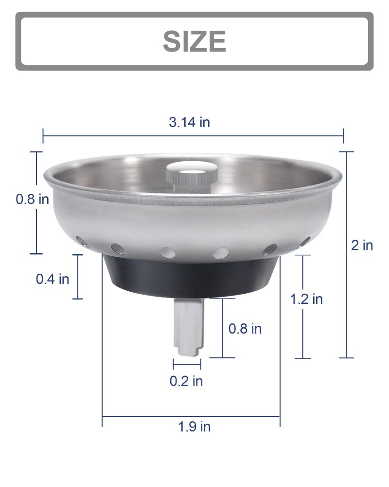 KONE 2PCS Kitchen Sink Basket Strainer Replacement for 3-1/2 Inch Standard Drains Brushed Stainless Steel Body Metal Center Knob with Rubber Stopper - Image 2